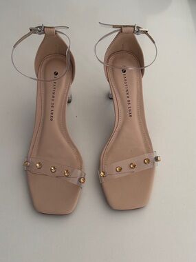 Nude Ankle-Strap Clear PVC Heels with Gem Accents